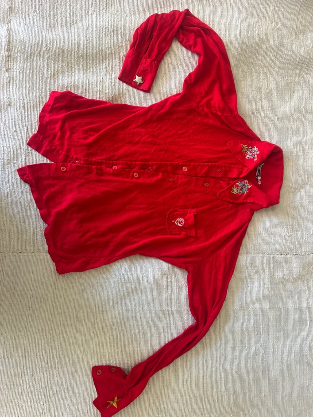 Vintage Red Button-Up Shirt with Embroidered Stars